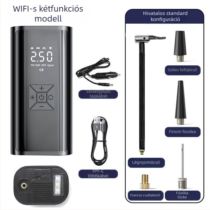 Elektromos hordozható autógumi sűrítő digitális kijelzővel, 12V, 120W, 35 L/perc, vezeték nélküli