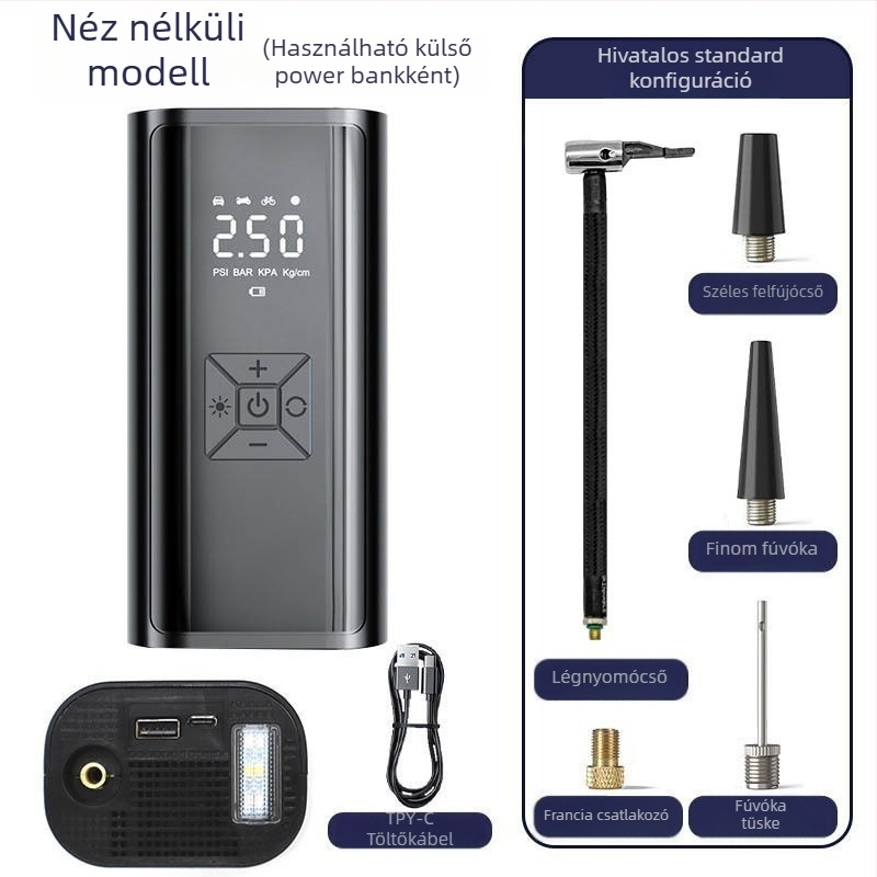 Elektromos hordozható autógumi sűrítő digitális kijelzővel, 12V, 120W, 35 L/perc, vezeték nélküli
