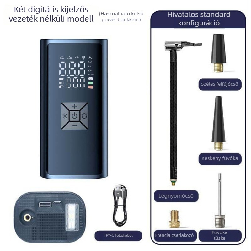 Elektromos hordozható autógumi sűrítő digitális kijelzővel, 12V, 120W, 35 L/perc, vezeték nélküli