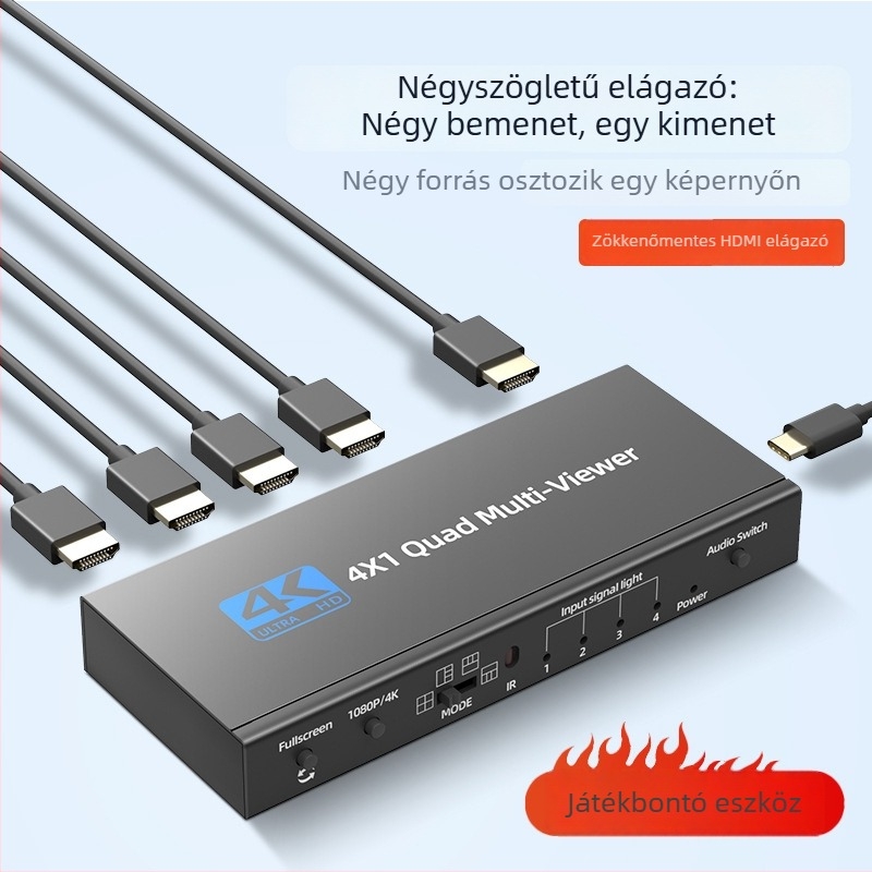 HDMI 4-portos képernyőosztó, KVM kapcsoló, HDMI Multi-Viewer, felbontás 1920x1080, 1 m kábel