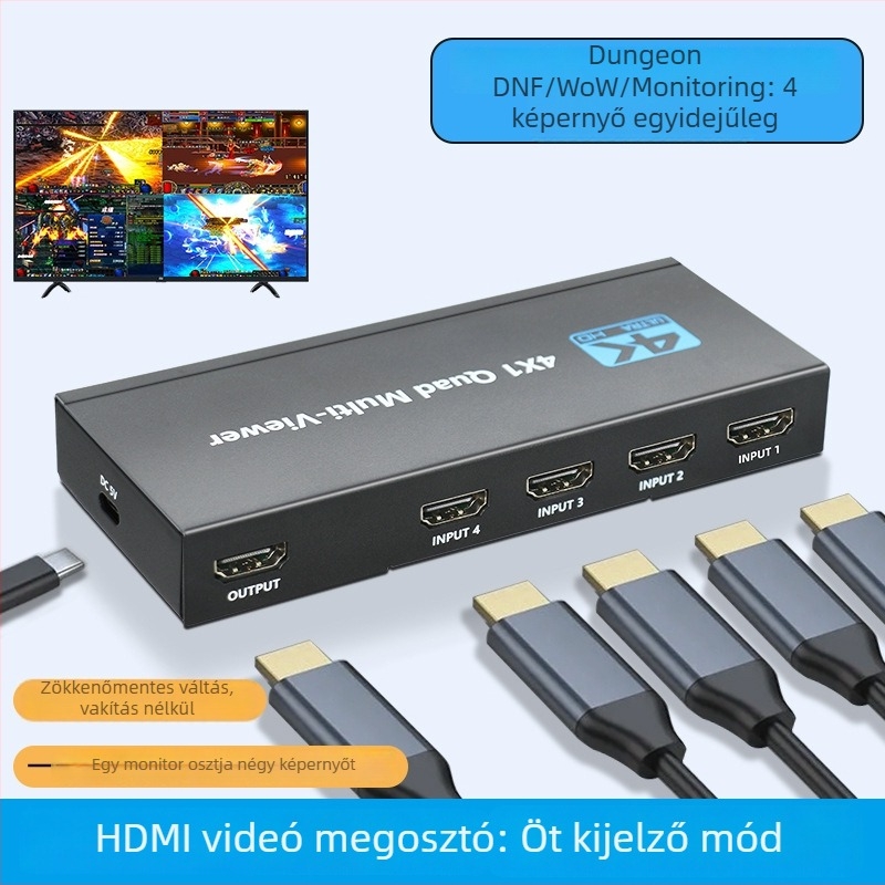 HDMI 4-portos képernyőosztó, KVM kapcsoló, HDMI Multi-Viewer, felbontás 1920x1080, 1 m kábel