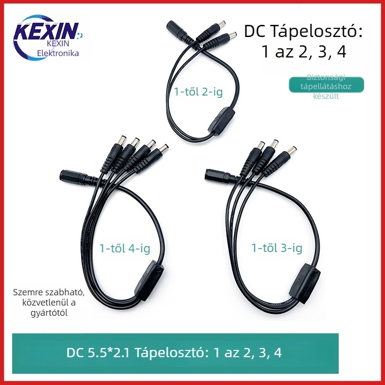 Személyre szabott DC12V CCTV tápegység elosztó kábel: 1–4 elosztás, DC5521 női–férfi csatlakozók, 2-vezetékes nyers réz, PVC héj