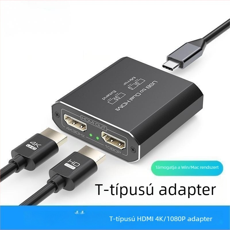 Type-C 2-utas HDMI konverter-splitter, USB 3.0 bemenet, 2× HDMI 4K kimenet