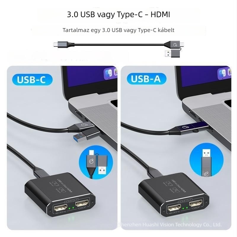 Type-C 2-utas HDMI konverter-splitter, USB 3.0 bemenet, 2× HDMI 4K kimenet