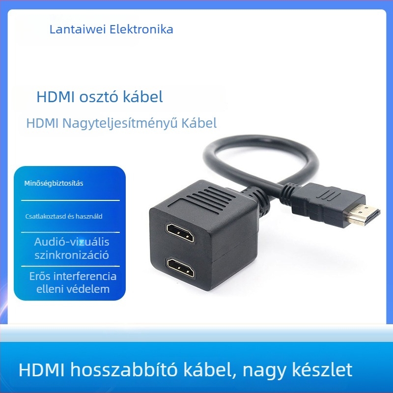 HDMI 1x2 osztó kábel, 1 férfi csatlakozóból 2 női HDMI, réz vezető, csatlakozók injekciós öntvényével, televízióhoz és set-top boxhoz