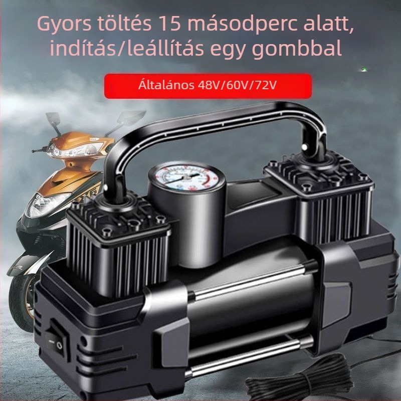 Elektromos jármű légpumpa, két hengeres, 220W, 12V, tölthető, digitális kijelző
