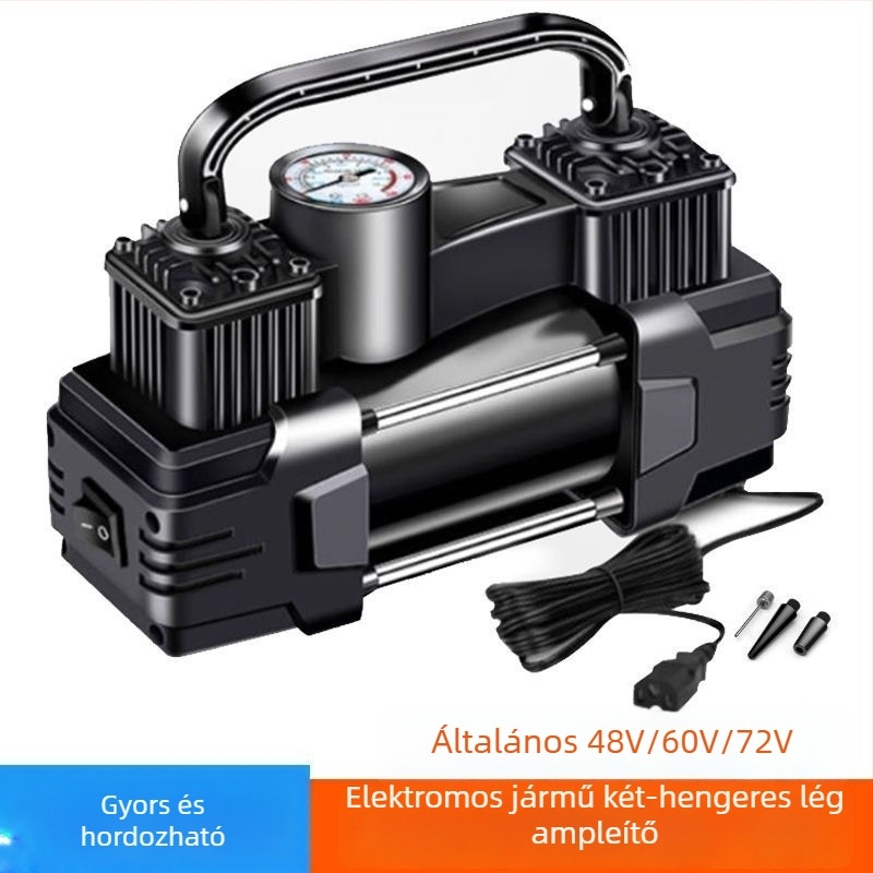Elektromos jármű légpumpa, két hengeres, 220W, 12V, tölthető, digitális kijelző
