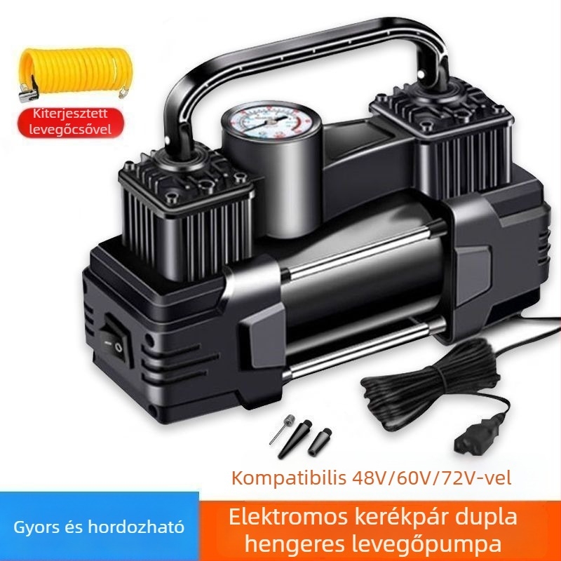 Elektromos jármű légpumpa, két hengeres, 220W, 12V, tölthető, digitális kijelző