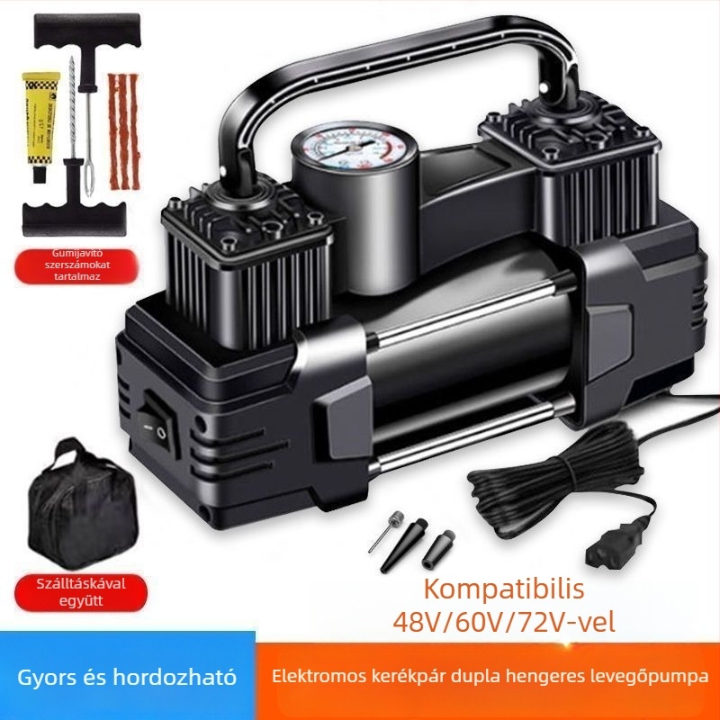 Elektromos jármű légpumpa, két hengeres, 220W, 12V, tölthető, digitális kijelző