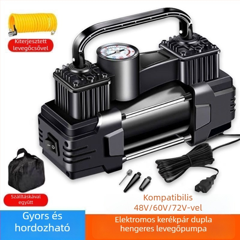 Elektromos jármű légpumpa, két hengeres, 220W, 12V, tölthető, digitális kijelző