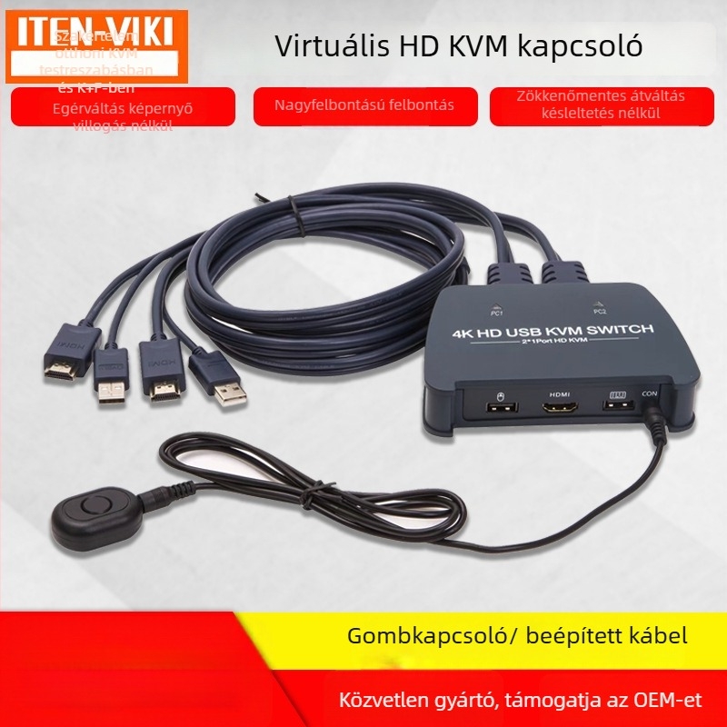 ITEN-VIKI IT-21UHB-I KVM-kapcsoló — 2 bemenet/1 kimenet, külső gombos átváltás, HDMI/USB megosztás, 4K UHD, 120 cm-es kábel, Windows/macOS/Linux/Android kompatibilis