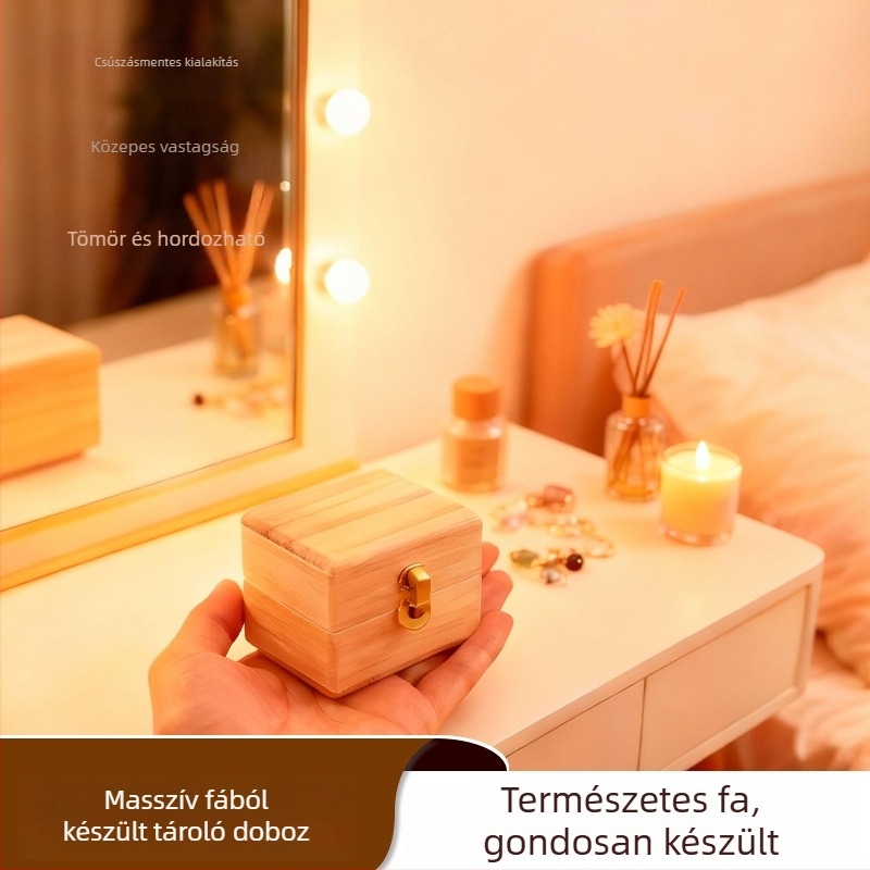 Fedeles négyszögletes fa ékszertároló doboz, fa erezet mintával, porálló, modern minimalist stílus