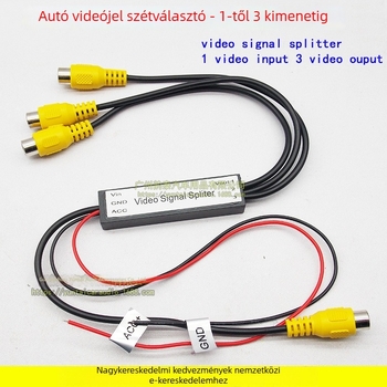 Gépjármű videójel-elágazó és erősítő, 1 bemenet 3 kimenet, 12V, 12W, 60 dB nyereség, tömeg 0,15 kg