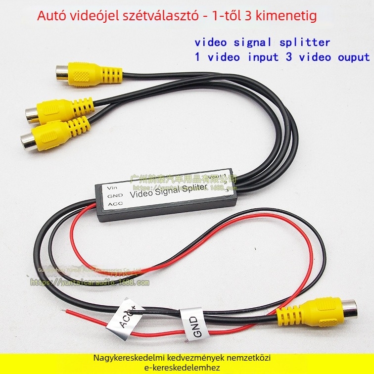 Gépjármű videójel-elágazó és erősítő, 1 bemenet 3 kimenet, 12V, 12W, 60 dB nyereség, tömeg 0,15 kg