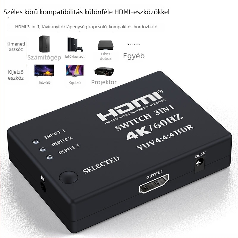 HDMI kapcsoló 4K60Hz HDMI 2.0, 3 bemenet/1 kimenet, távirányító megfigyelő kijelzőkhöz