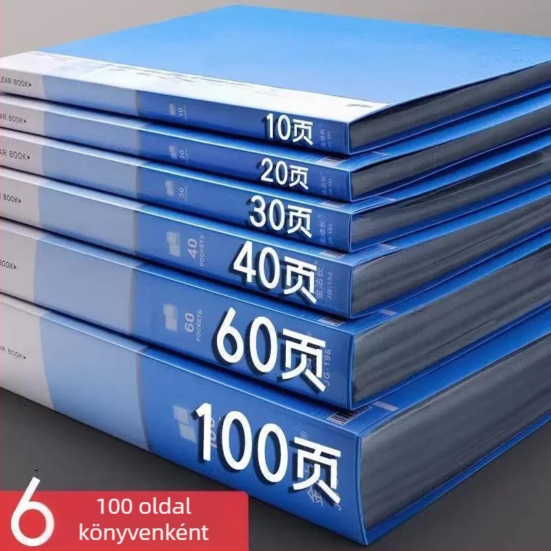 A4 vastagított adathordozó könyv, 100 oldalas mappa, átlátszó betétek, többrétegű fájl rendező, műanyag