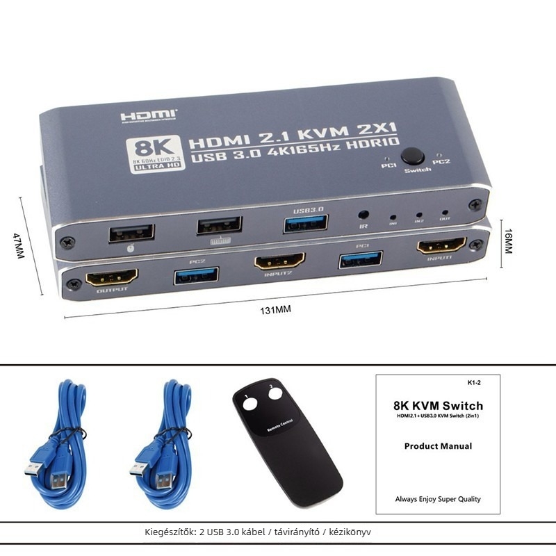 HDMI KVM kapcsoló két számítógéphez (2 bemenet–1 kimenet) – 8K60Hz, 5 m kábel, minden rendszerhez, modell OZK1-2