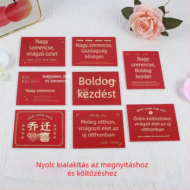 Új otthonba költözéshez és vállalkozás megnyitásához – köszöntő kártya, papír, nyomtatott, egyszerű és modern stílus, kézzel írt áldás üzenet és ajándék boríték