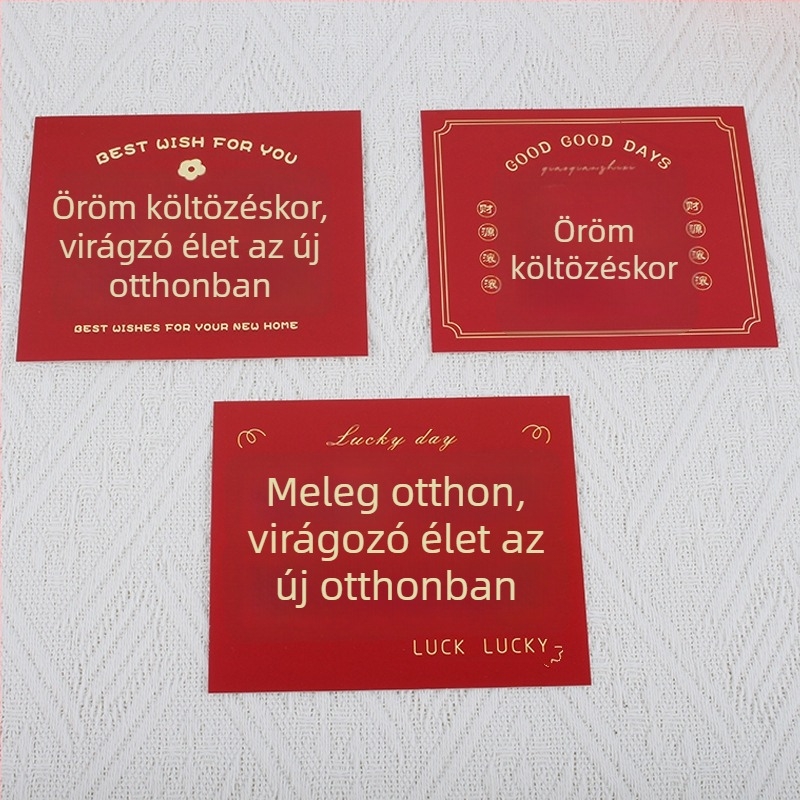 Új otthonba költözéshez és vállalkozás megnyitásához – köszöntő kártya, papír, nyomtatott, egyszerű és modern stílus, kézzel írt áldás üzenet és ajándék boríték
