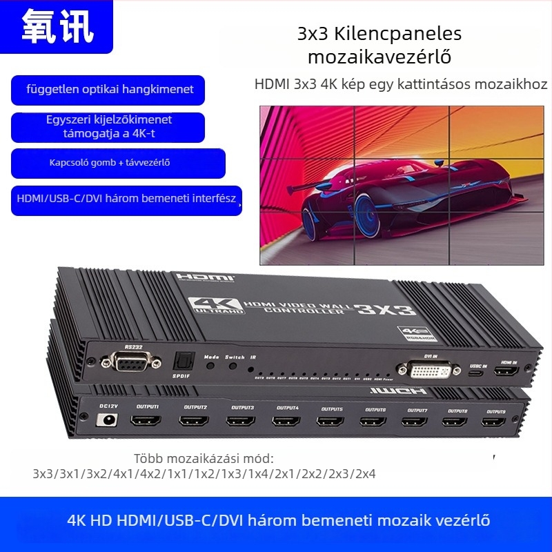 4K-s videó splicer, 1 bemenet, 9 kimenet, hub típusú, RGB 4K30Hz, távoli ébresztés, energia menedzsment