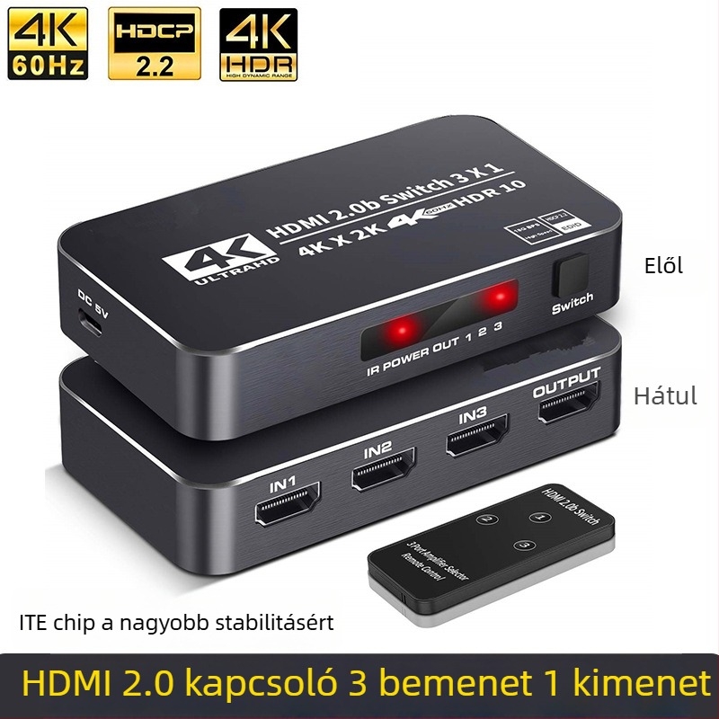 4K60Hz HDMI kapcsoló 3 bemenettel és 1 kimenettel, távirányító, laptop-monitor csatlakoztatása