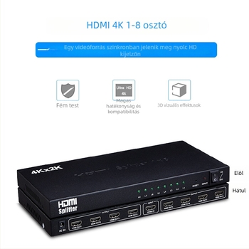 HDMI elosztó 1×8, 4K@30Hz támogatás; HDMI bemenet és 8 HDMI kimenet; sávszélesség 340 MHz; tápegység DC5V/2A; működési hőmérséklet -15°C-tól 55°C-ig