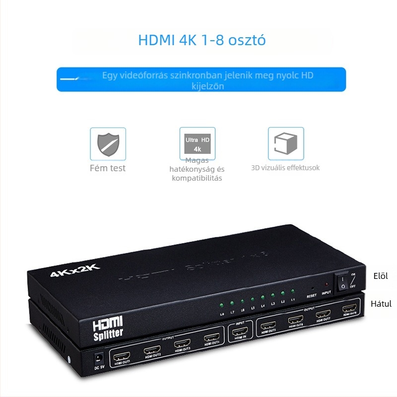 HDMI elosztó 1×8, 4K@30Hz támogatás; HDMI bemenet és 8 HDMI kimenet; sávszélesség 340 MHz; tápegység DC5V/2A; működési hőmérséklet -15°C-tól 55°C-ig