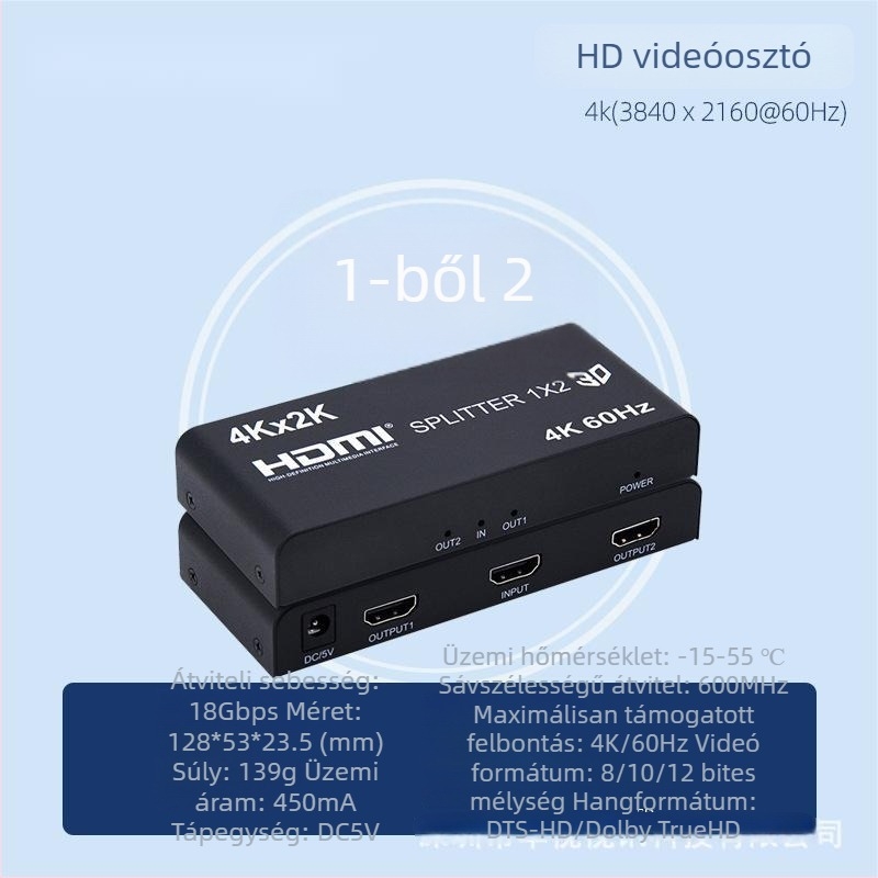 HDMI 2.0 4K@60Hz audió–videó elosztó, 1 bemenet, 2 kimenet, Ultra HD HDMI