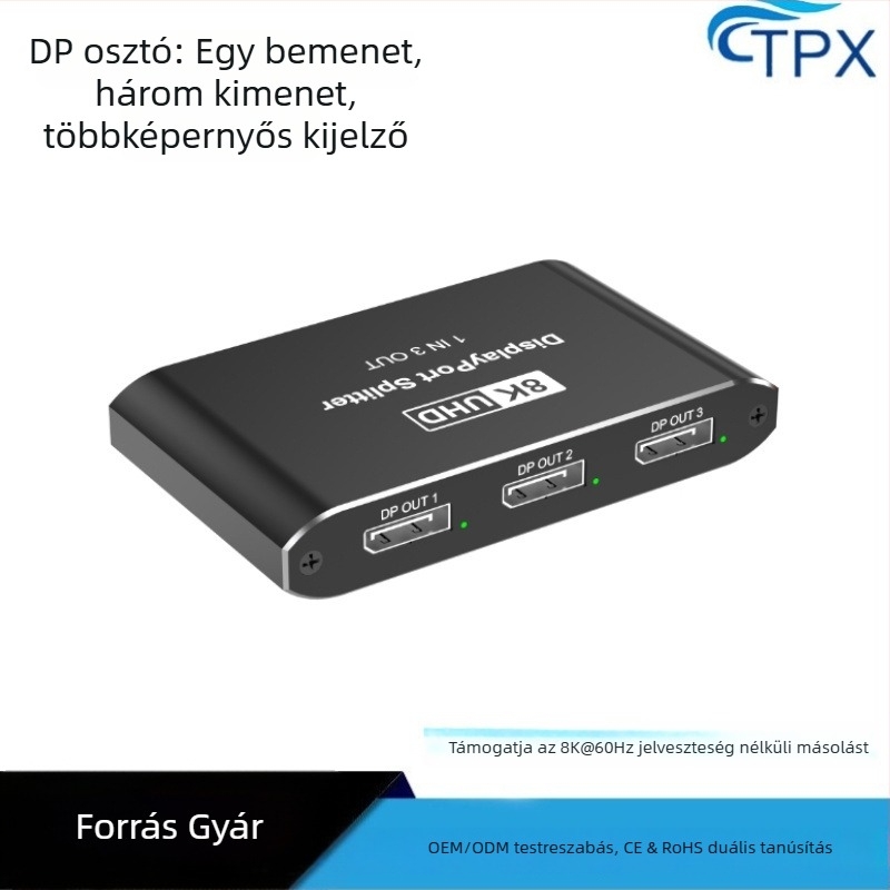 DP osztó 1 bemenet 3 kimenet, DP1.4, 8K60Hz, Támogatja a háromkijelzős kijelzőt (tükrözés vagy kiterjesztés), Modell HS-313