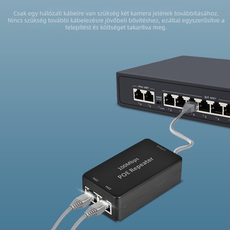 POE ismétlő Ethernethez, Cat5 kábel, 100 m hatótáv, 100 Mbps, 45–57 V