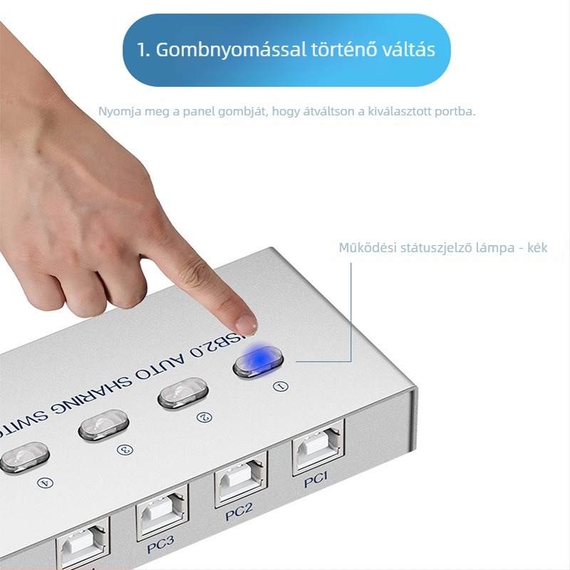 ABB-US201 USB-port megosztó kapcsoló: automata/kézi átváltás, USB 2.0, billentyűzet, egér és USB-meghajtó