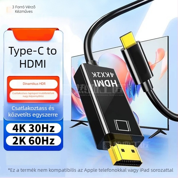 USB-C–ról HDMI-re adapter kábel Dx13, 4K, Windows 7 támogatott, audió kábel