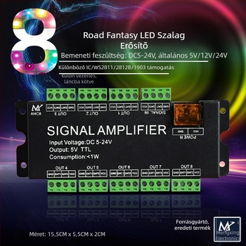 LED-szalag erősítő WS2811/2812B/1903 jelekhez, modell AHC8, 5–24 V, terminálvezérlés, terminál interfész, TTL-jel