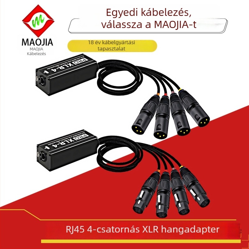 Maojia RJ45‑tól 4 csatornás XLR audió adapter, Plug‑and‑Play jelbővítő, ROHS, nejlon burkolat és nejlon fonatú kábel, -40°C–105°C tartomány