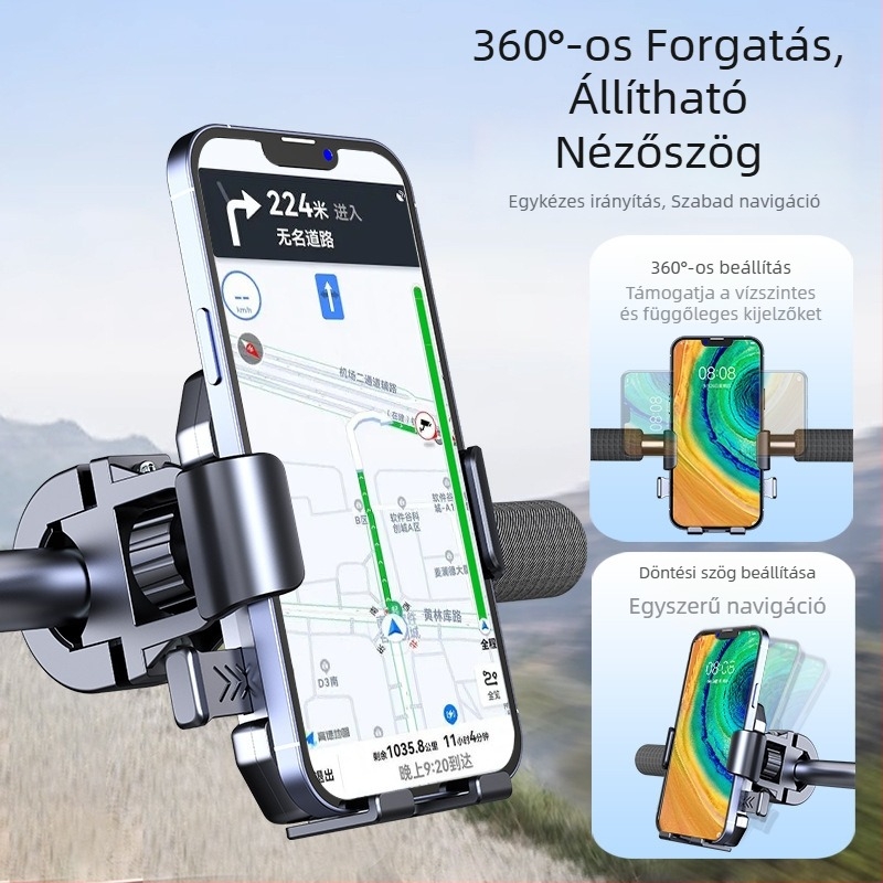 Telefon-tartó elektromos járművekhez, motorkerékpárokhoz és hegyi kerékpárokhoz | Ötvözet + műanyag kivitel | Modell 108 | Autóba szerelhető telefon-tartó | Testreszabási lehetőség