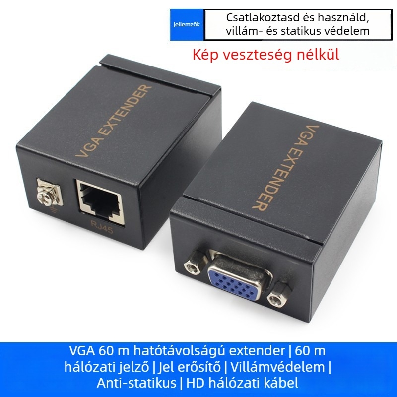 VGA hosszabbító 60 m, jelző erősítő, villámvédelem, anti-sztatikus, HD átviteli