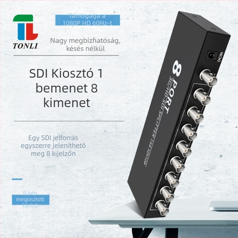 SDI osztó 1 bemenet 8 kimenet, Broadcast-grade 3G-SDI/HD-SDI, átviteli táv 100 m, tápellátás 5–12 V, 10 W