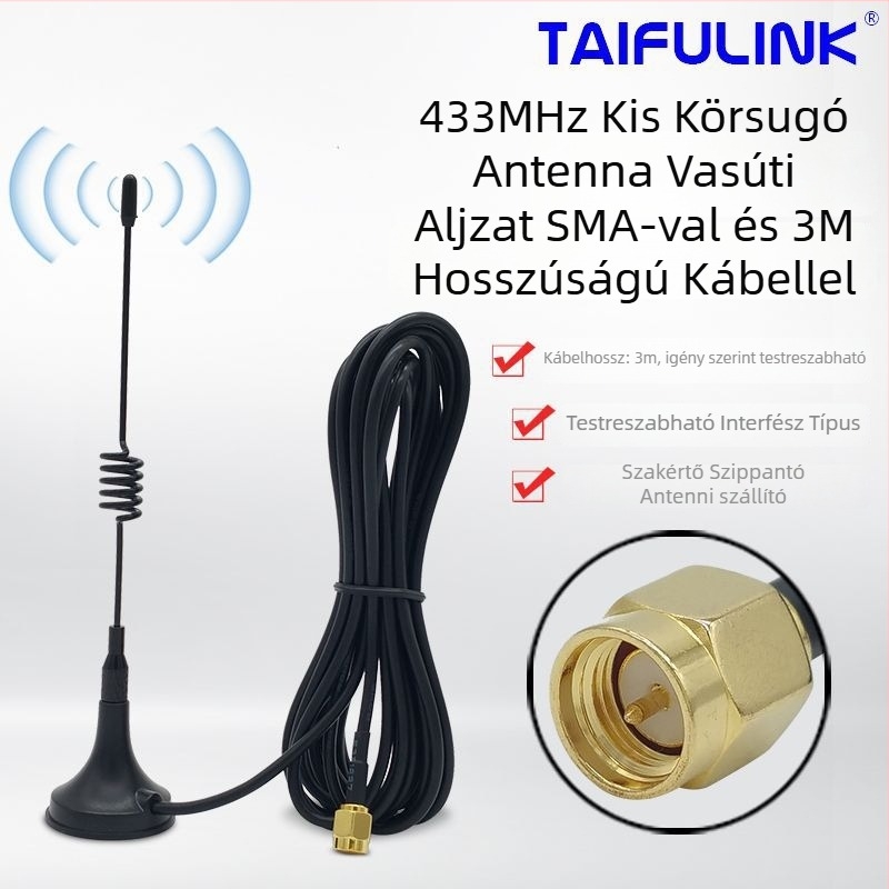 433MHz SMA antenna mágneses alapzattal, 3 m hosszú kiegészítő kábel, 50 Ω, 3,5 dBi nyereség