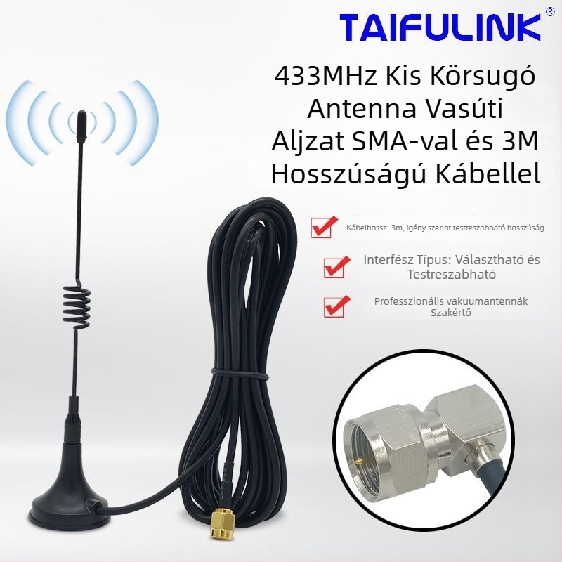 433MHz SMA antenna mágneses alapzattal, 3 m hosszú kiegészítő kábel, 50 Ω, 3,5 dBi nyereség