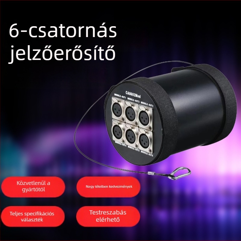 DMX512 jelelosztó 6-utas, 3-pin XLR csatlakozóval, beltéri használatra, 88–256V AC