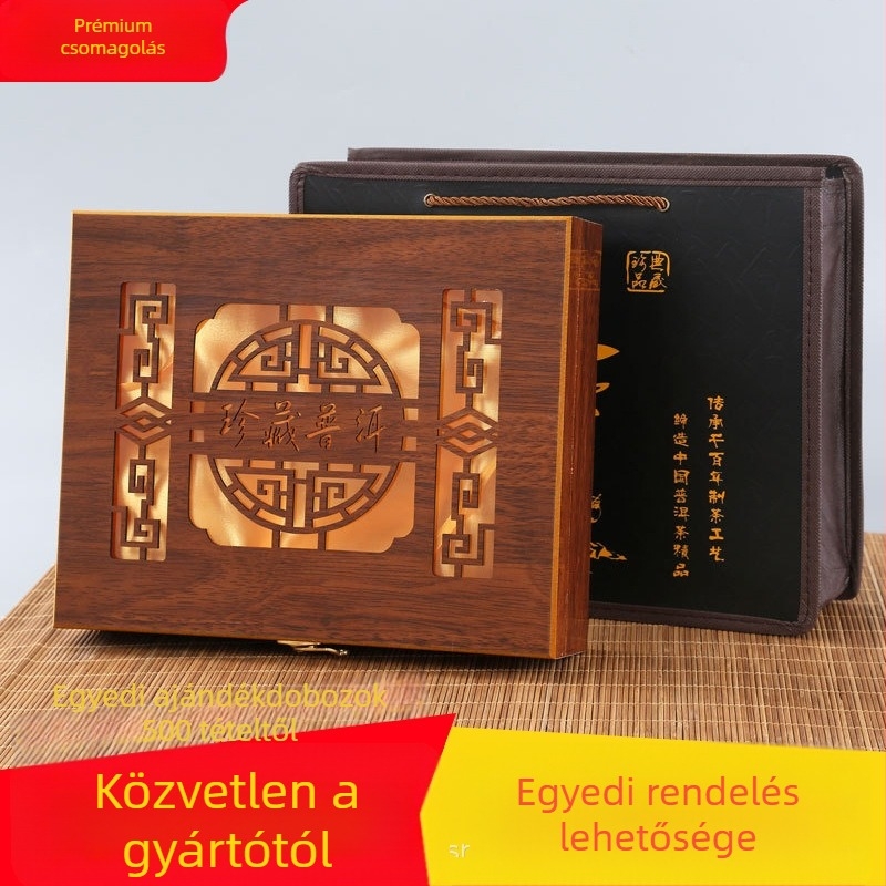 Pu'er teához készült fa ajándékdoboz, gravírozott belsővel és habos béléssel, modell 06216, testreszabható