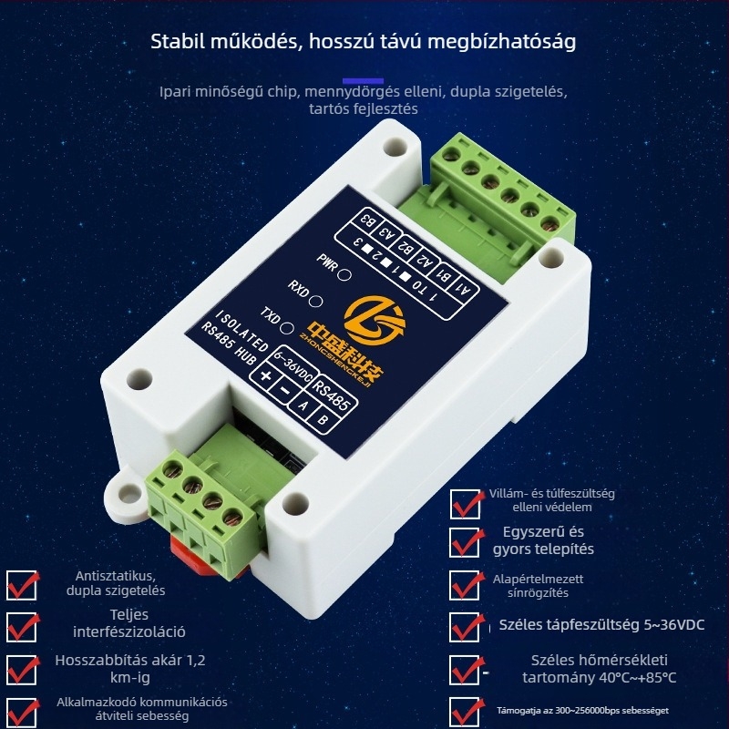 RS485 1-16 csatornás hub ismétlő modul fotóelektrikus izolációval, jelerősítővel, zavarszegmentálással és villámvédelmmel
