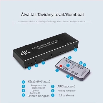 HDMI kapcsoló 4 bemenet 1 kimenet, 4K60Hz, HDCP2.3, ARC visszaküldés, optikai audióport és AUX