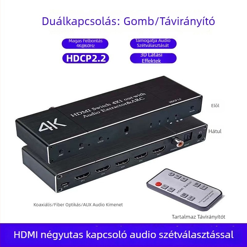HDMI kapcsoló 4 bemenet 1 kimenet, 4K60Hz, HDCP2.3, ARC visszaküldés, optikai audióport és AUX