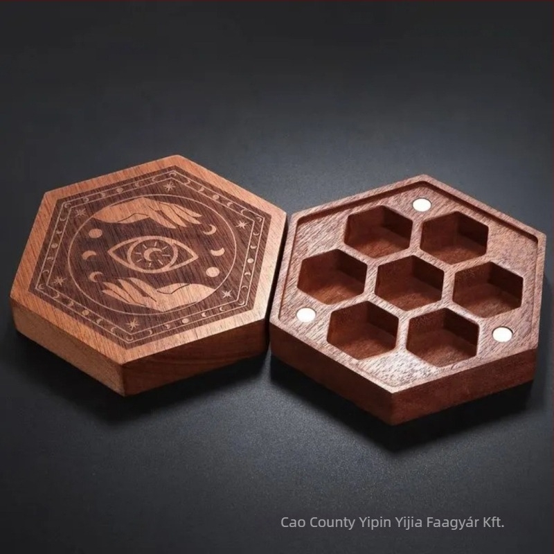 Fából készült kockatároló doboz rekeszekkel, poligonális mágneses kialakítással