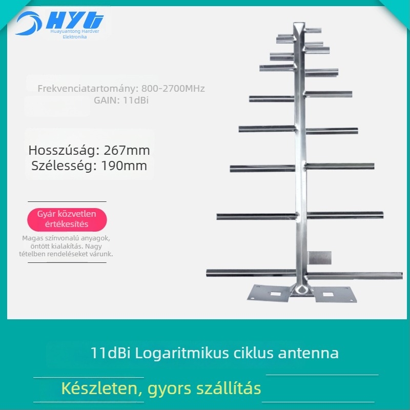 Logaritmikus periódusú kültéri antenna, 11 dBi nyereség, 806–960/1710–2700 MHz tartomány, 50 Ω, SWR ≤ 1.5