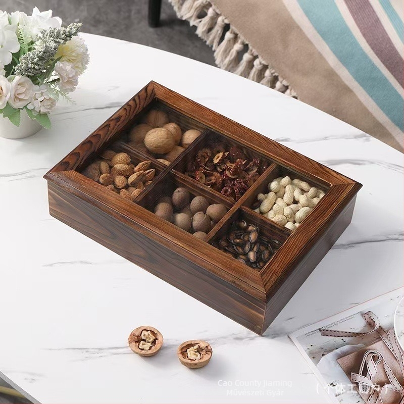 Fából készült snack tároló doboz dió és aszalt gyümölcsök számára, fedéllel, 1 L kapacitás, modern minimalista dizájn