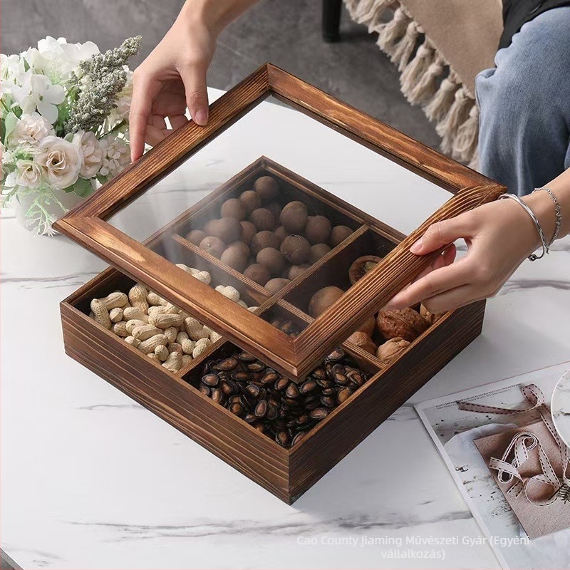 Fából készült snack tároló doboz dió és aszalt gyümölcsök számára, fedéllel, 1 L kapacitás, modern minimalista dizájn