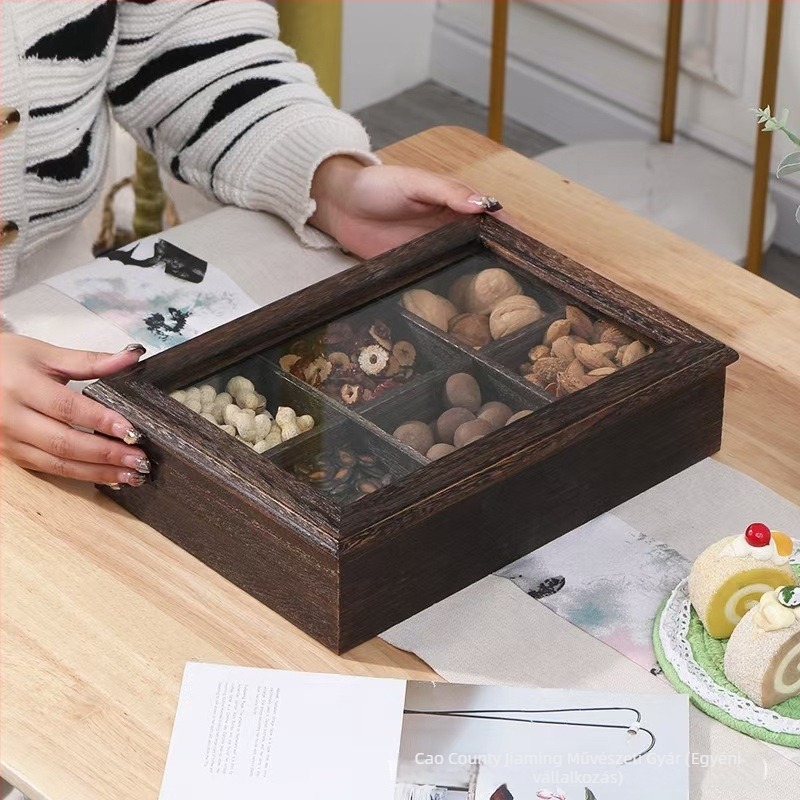 Fából készült snack tároló doboz dió és aszalt gyümölcsök számára, fedéllel, 1 L kapacitás, modern minimalista dizájn