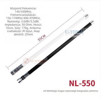 NL-550 terepi üvegszálas antenna – UV kettős szegmens, nagy nyereség, 200W teljesítmény